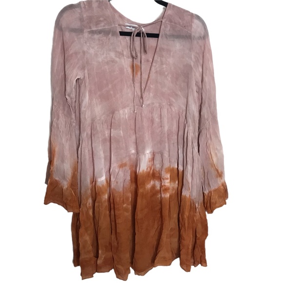 Young Fabulous & Broke Pink & Orange Tie Dye Rosa V-Neck Tiered Bell Sleeve Dres